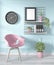 Mock up Ideas of office room pink Geometric Wall Art Paint Design color ful on wooden floor.3D rendering