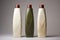 Mock-up image, photo of 3 biodegradable bottles embossed on a gray background