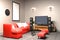 Mock up Karaoke room Modern red style with Tv and Loudspeaker. 3D rendering