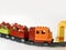 Mock up kids toys composition with colorful toy train with gifts on railway on white background.