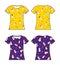 Mock up male`s Christmas T-shirt. Yellow and purple color on white background. Front & back sides. Vector illustration.