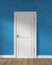 Mock up Modern loft white door and blue brick wall on wooden floor. 3D rendering