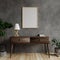 Mock-up photo frame in the living room on a concrete wall, with a lamp and a book on the wooden table and decorated with plants on