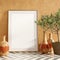Mock up picture frame against orange wall. Italian style sunny living room. Clipping paths for picture mock-up. 3D render.