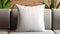 Mock-up pillow case. Blank template closeup white pillow canvas background. Mockup copy space pillowcase in room on sofa. Stylish