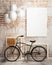 Mock up poster with bicycle and balloons in loft interior