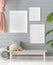 Mock up poster in children room background, pastel color room with natural wicker and wooden toys