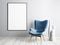 Mock up poster frame with blue armchair and metal table in simple living room interior.