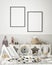 Mock up poster frame in children bedroom, Scandinavian style interior background, 3D render