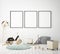 Mock up poster frame in children bedroom, scandinavian style interior background, 3D render