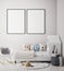 Mock up poster frame in children bedroom, scandinavian style interior background, 3D render