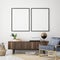 mock up poster frame in hipster interior background, living room,Scandinavian style, 3D render, 3D illustration