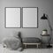 Mock up poster frame in hipster interior background, scandinavian style, 3D render,