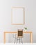Mock up poster frame in minimalist workspace. Minimalist room design with wooden table and chair. 3D illustration