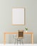 Mock up poster frame in minimalist workspace. Minimalist room design with wooden table and chair. 3D illustration