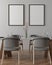 Mock up poster frame in modern interior background dining living room with table and grey chairs in Scandinavian styl