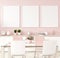 Mock up poster frame in pastel pink kitchen interior