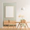 Mock up poster frame in Scandinavian style dining room with wooden chairs and table.  Minimalist dining room design. 3D