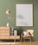 Mock up poster frame in Scandinavian style interior with wooden furnitures. Minimalist interior design. 3D illustration