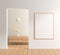 Mock up poster frame in scandinavian style interior with wooden furnitures. Minimalist interior design. 3D illustration