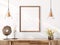 Mock up poster frame on white wall above the dresser. Home decor with accessories. Living room interior background with pendant