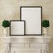 Mock up poster frames on retro fireplace, vintage interior background,