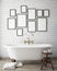 Mock up poster frames in vintage hipster bathroom, interior background,