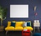 Mock up poster in hipster interior with yellow sofa