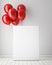 Mock up poster in interior background with red balloons,