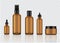 Mock up Realistic Glossy Amber Transparent Glass Cosmetic Soap, Shampoo, Cream, Oil Dropper and Spray Bottles Set With Black Cap f