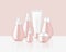 Mock up Realistic Glossy Rose Gold Pastel Color Cosmetic Soap, Shampoo, Cream, Oil Dropper and Spray Bottles Set for Skincare