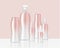 Mock up Realistic Rose Gold Pastel Bottles, Pump, Dropper and Spray Set for Skincare, Oil, Cream, Body lotion, Shampoo and Soap