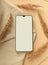 Mock up screen smartphone on beige nature background. Minimal business cellphone frame and blank display concept for