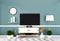 Mock up Smart Tv with blank screen hanging on the wall mint on white wooden floor mockup. 3d rendering