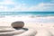 Mock Up Stone On White Sand With Sand Pathway Leading Towards The Horizon Against Backdrop Of Unfocused Rolling Waves.. Generative