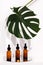 Mock up with three brown serum or oil glass bottles with pipette on mirror stage and white background. Monstera leaf on backdrop