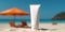 mock-up of a tube of sunscreen lotion on the beach