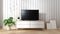 Mock up TV on cabinet in modern living room with fames lamp and plant on white wall background,3d rendering