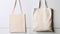 Mock-up of two empty reusable rectangular canvas bags. Eco-friendly shopping bag made of natural material on light background.