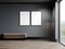 Mock up two poster frames in dark modern living room with beige pouf and floor lamp on wooden laminate. Scandinavian style, cozy