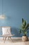 Mock up wall in blue Living room, natural wooden furniture, Scandinavian home decor