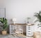 Mock up wall in bright farmhouse interior background, wooden office