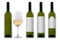 Mock-up of white wine bottles with blank white labels and a glass of wine