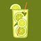 Mocktail with lime. Liquid with mint and ice cubes. Vector texture illustration