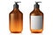 A mockup of an amber jar with a black dispenser. A mockup of an amber jar with a label. A jar of liquid soap, sanitizer. 3d render