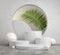 Mockup Background Abstract White Stone Podium Set On Concrete Floor And Palm Leaves Plant 3d Render