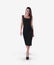 Mockup of a black dress of medium length on a girl in heels, walking forward, empty clothes for design, print, pattern, front view