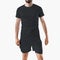 Mockup of a black t-shirt, loose texture shorts with compression lining, on a man, front view, isolated on background