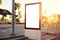Mockup of a blank empty white advertising urban billboard, placeholder template city street, space for design layout, sunset light