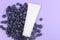 Mockup bottle for branding and label. Top front view of white squeeze bottle plastic cosmetic tube and heap of blueberry on purple
